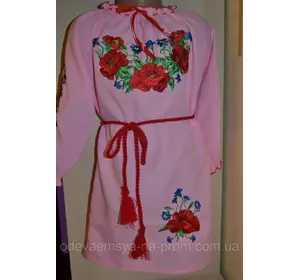 Детское вышитое платье-туника от 4 до 16 лет розовое с красными маками и васильками