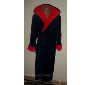 Купить недорого мужской банный халат синий с красным